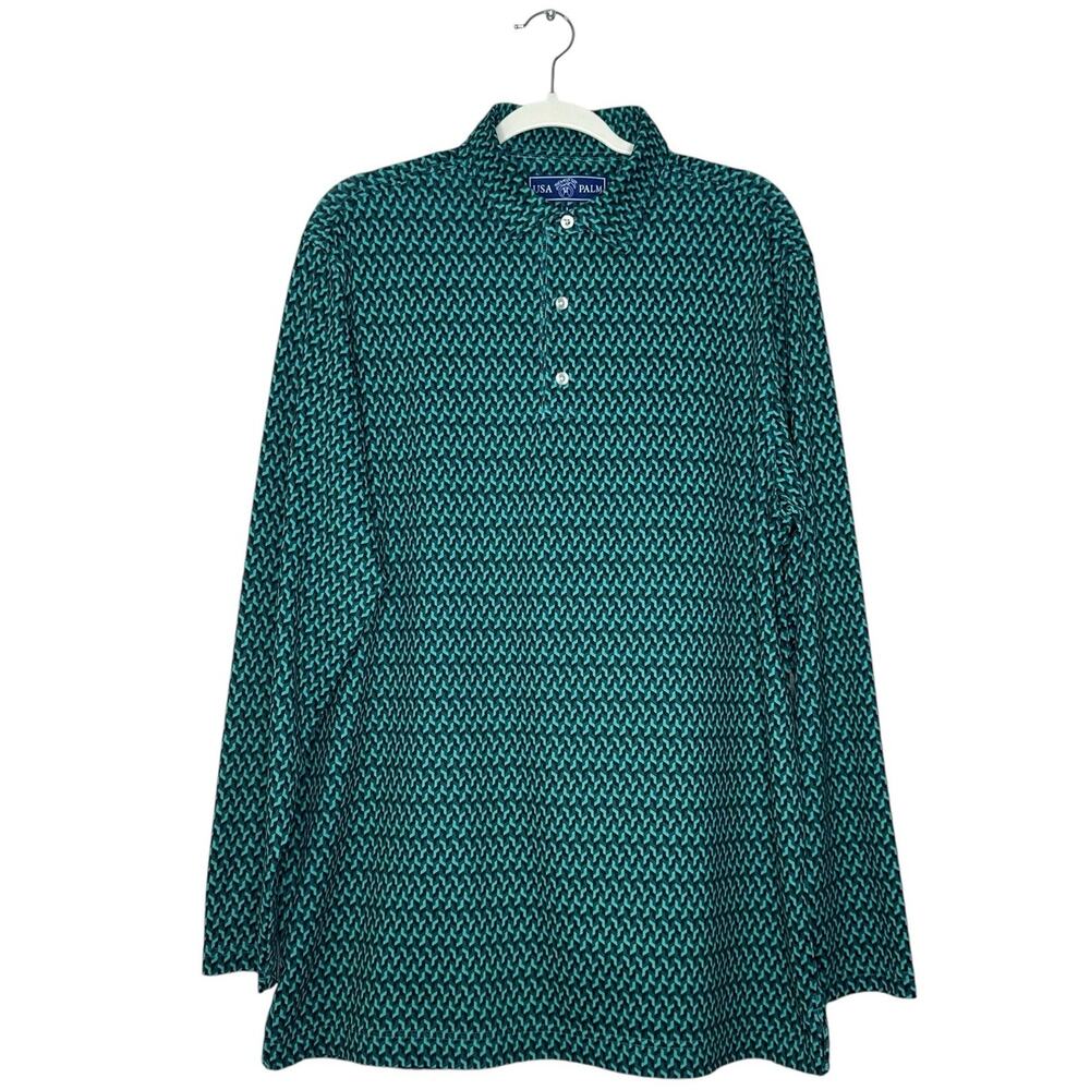 USA Palm Silky Soft Polo Long Sleeve Geometric Green Black Men’s size Large